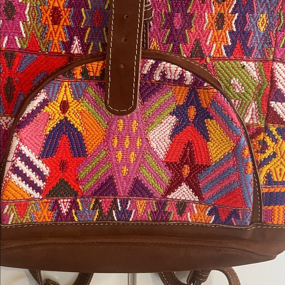 Huipil and leather bohemian colorful embroidered extra large backpack - Picture 4 of 11